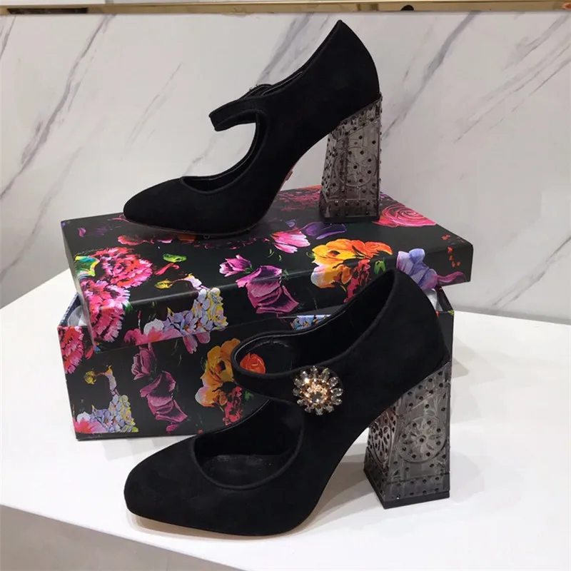 Туфли с закрытым носком, украшенные кристаллами и цветами; бархатные туфли-лодочки с блочным каблуком и квадратным носком; прозрачная ажурная на высоком каблуке; свадебные туфли; Zapatos De Mujer - Цвет: Black