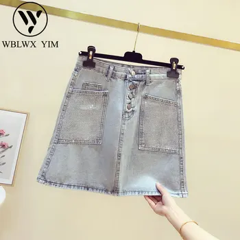 

High waist Denim Short Skirt Women Fashion Pocket Rhinestones A-Line Jeans Skirt Female Summer New Package Hip Short Skirts