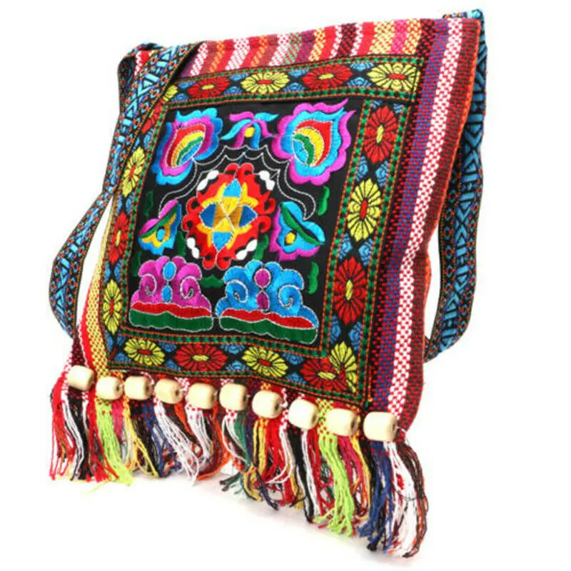 Hmong Vintage Ethnic Shoulder Bag Embroidery Boho Hippie Tassel Tote Messenger Ethnic Tassel Shoulder Bag Hippie Crossbody