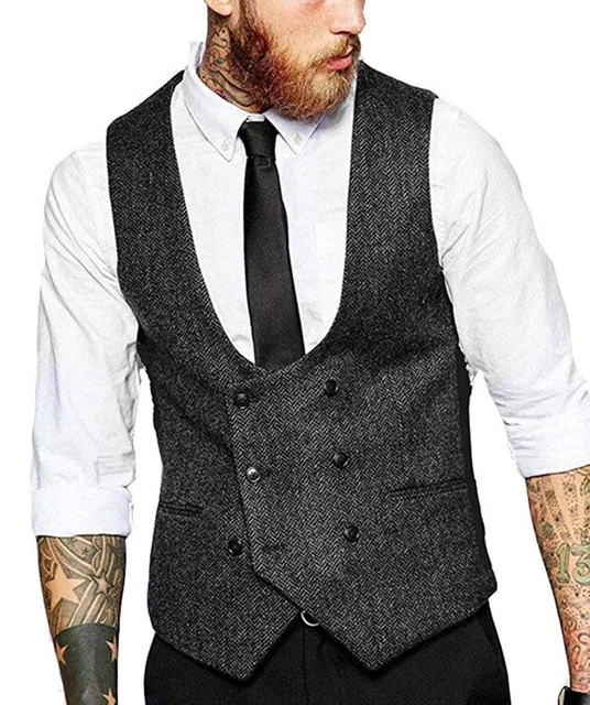 

Men's Suit Vest U-neck Brown Champange Black Wool Herringbone Tweed Waistcoat Jacket Silm Fit Casual Formal Men For Wedding