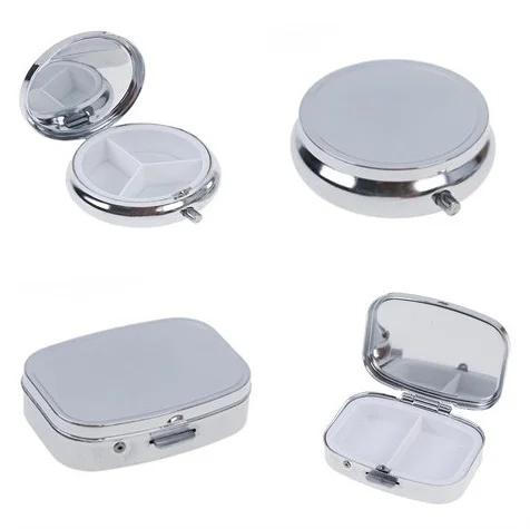 

Silver Metal Round Rectangle Pill Box Portable Durable Drug Holder 2/3 Cell Capsule Box Container Storage Medicine Tablet Travel
