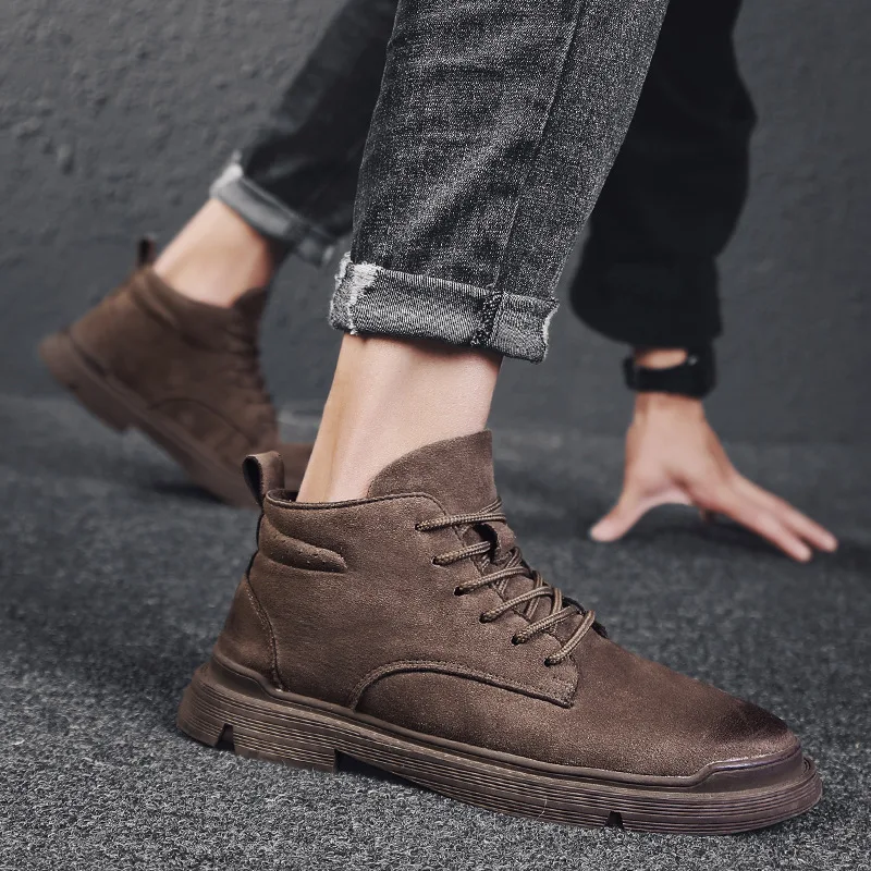 

2019 Autumn & Winter New Style Men Hight-top Leather Shoes Casual Fashion Lace-up Leather Shoes Sports Leather Shoes Trend Versa