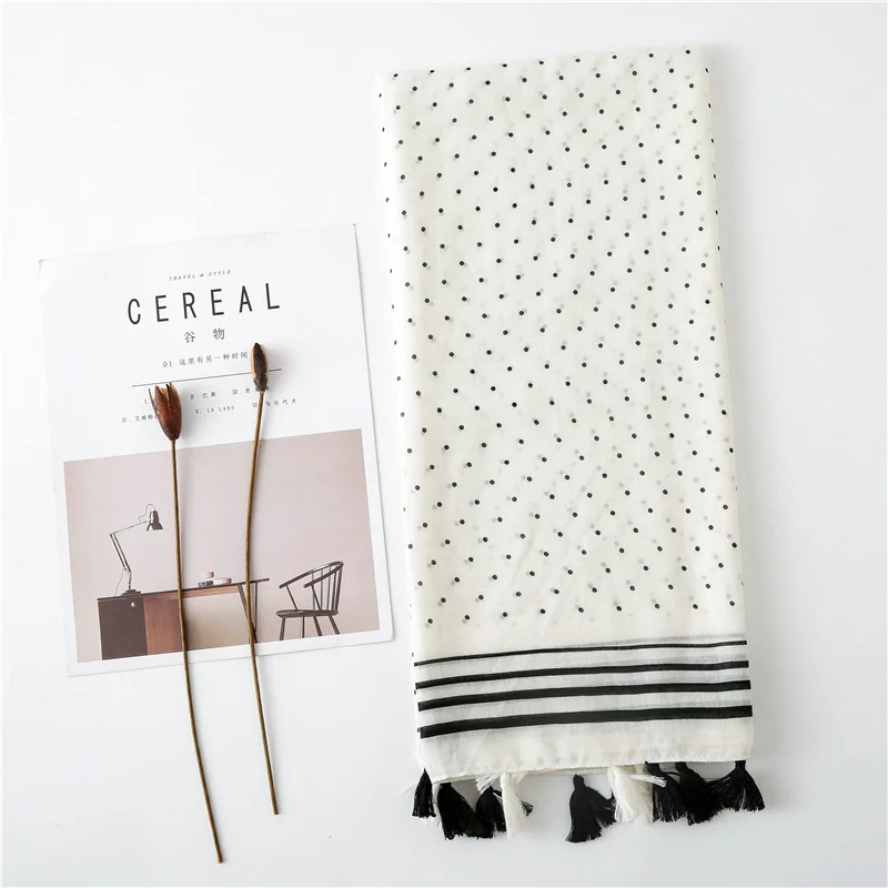 

Spring and Autumn 2020 Korean Style Hipster Scarf Women's New Cotton and Linen Scarf Solid Color Small Dot Tassel Long Shawl