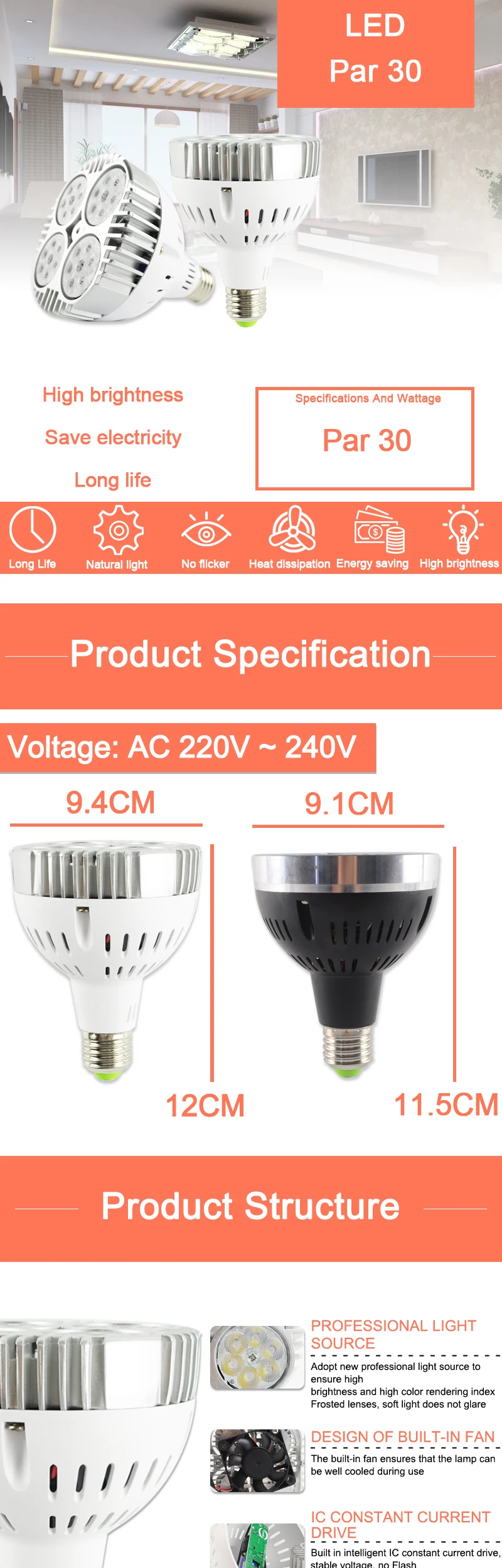 Светодиодный светильник E27 par30 35 W Светодиодный прожектор AC 220 V 240 V светодиодная лампочка Lampara для домашнего освещения Холодный теплый белый