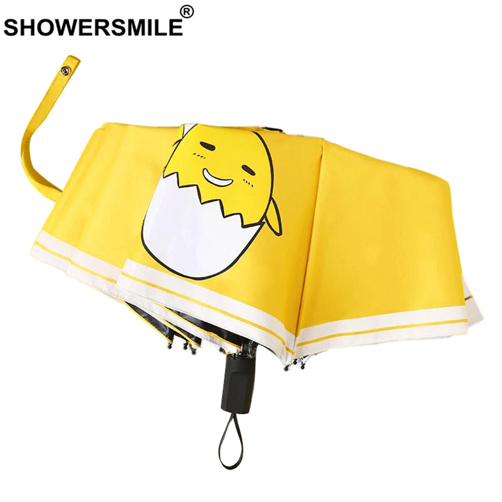 

SHOWERSMILE Yellow Parasol Cartoon Cute Sun Rain Travel Umbrella Women Three Folding Uv Protection Manually Operated Umbrellas