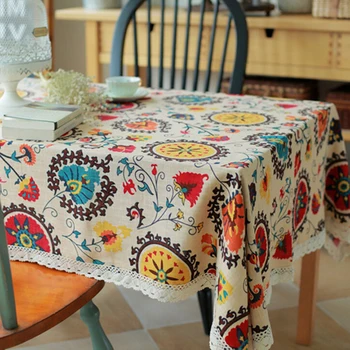 

Classical Cotton Linen Tablecloths Rectangle Sunflower Printing Table Cloth with Lace Dustproof Table Covers