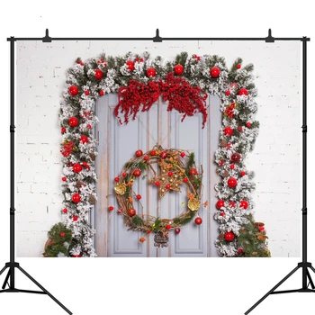 

Christmas Background Photography Wood Door Wreath Red Berries White Brick Wall Backdrop Professional Photocall Printed