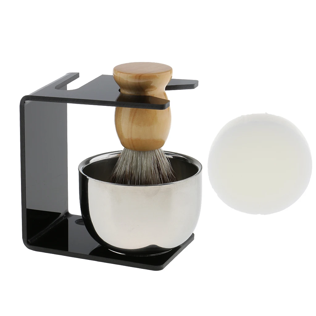 Wood Shaving Brush + Black Plastic Stand + Stainless Steel Smooth Surface Bowl Cup + Soap Set for Men Barber