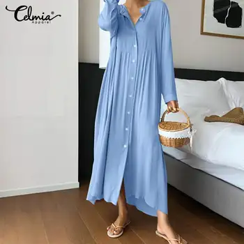 

S-5XL Celmia 2020 Fashion Women Split Shirt Dress Casual High Waist Solid Buttons Ruffles Dress Ladies Long Sleeve Party Vestido