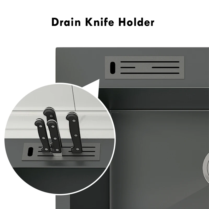 304 Stainless Steel Topmount Kitchen Sink With Knife-Holder Multifunction Single Bowl Dark-Gray Wash Basin For Kitchen Fixture 3
