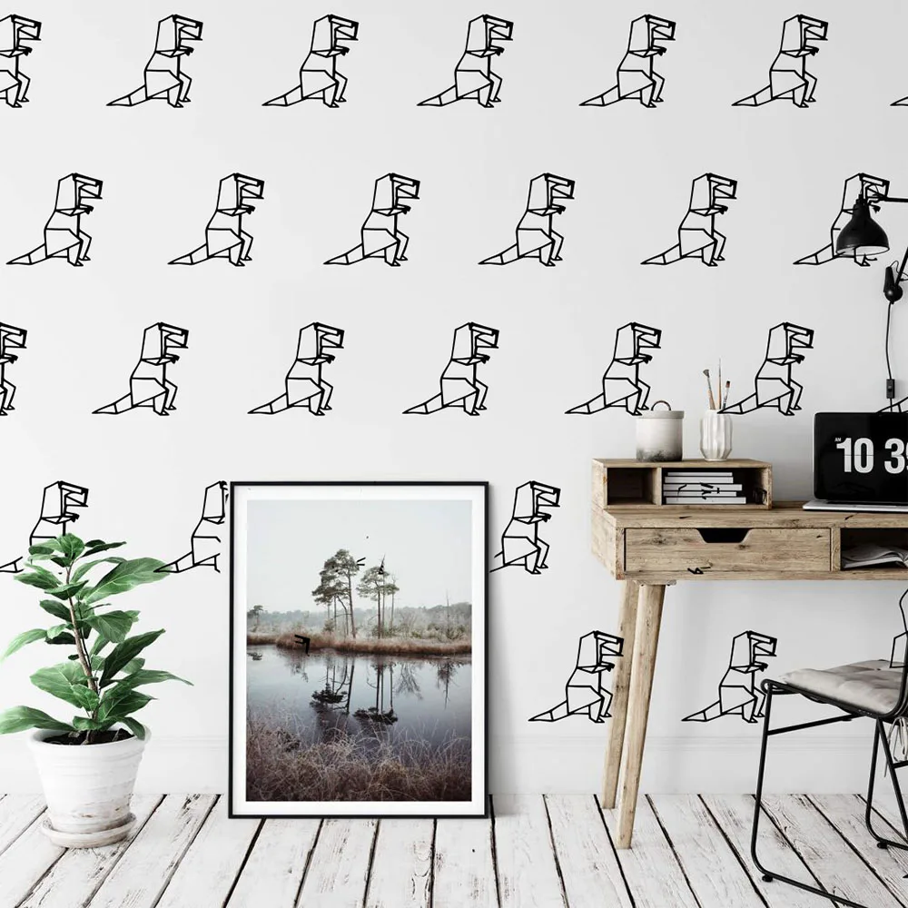 Cartoon Geometric Origami T- Rex Dinosaur Wall Decal Kids Room Dino World Animal Wall Sticker Playroom Decor