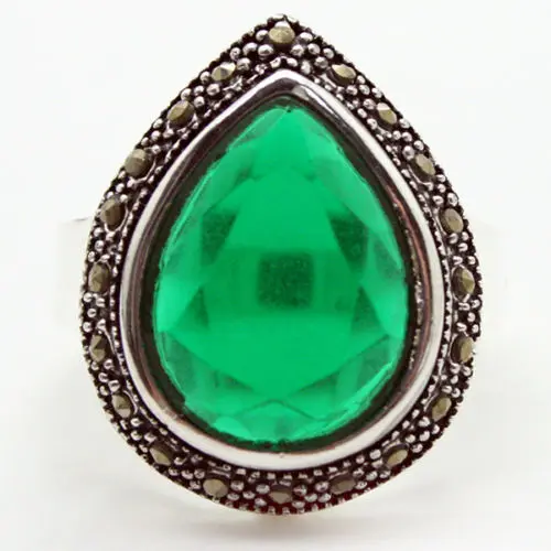 25*20mm FACETED DROP GREEN MARCASITE 925 SILVER RING SIZE 7/8/9/10