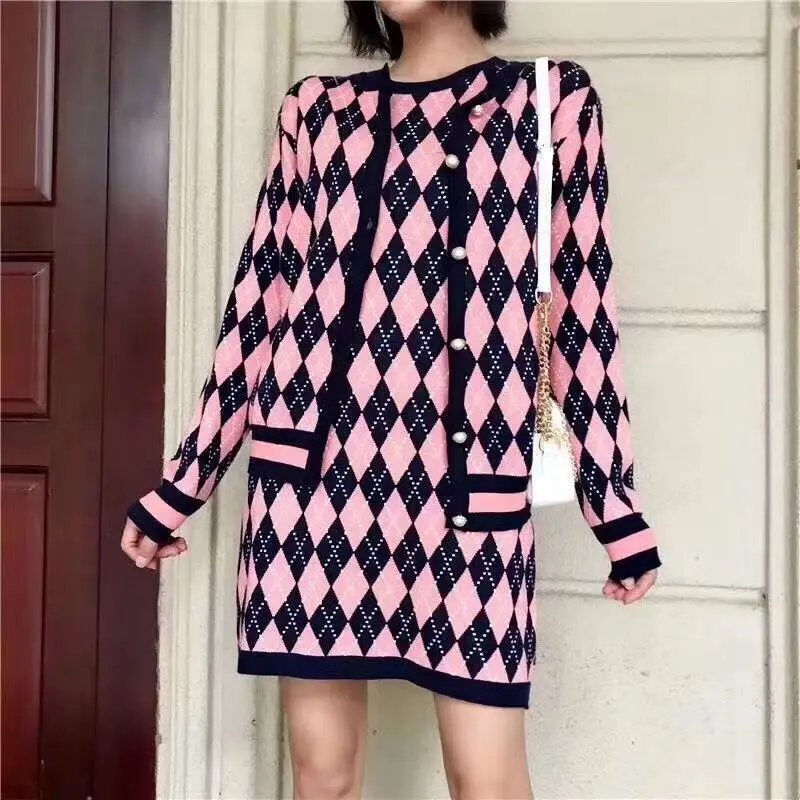 Розовый Amolapha, женские вязаные кардиганы, платье, 2 шт, наборы, плед, однобортный, с длинным рукавом, элегантные, женские, вязаные пальто, платья, костюмы - Цвет: Розовый