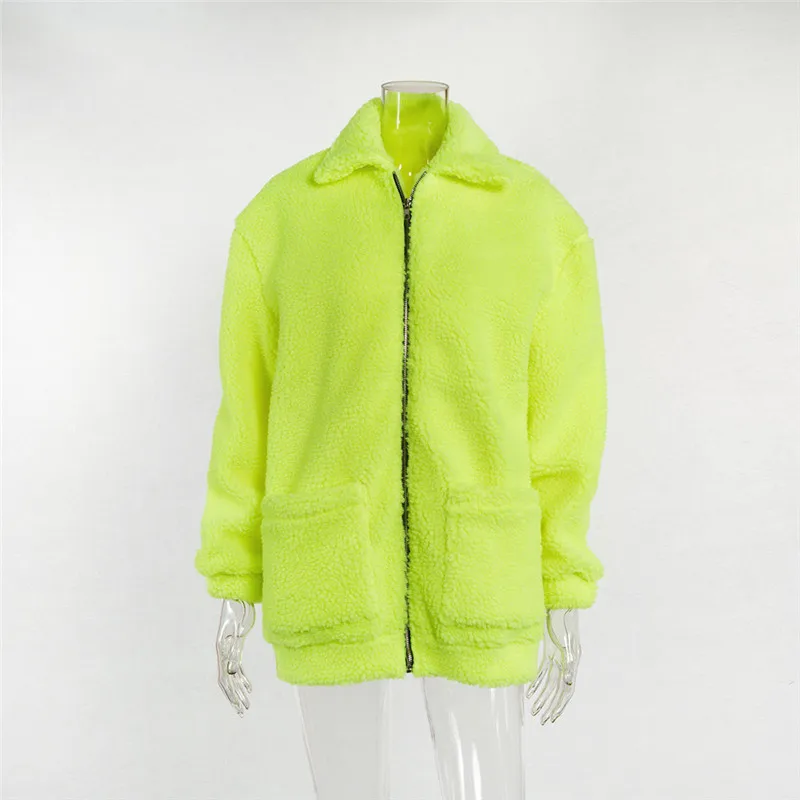 BOOFEENAA неон зеленый большой плюшевый пальто женская уличная молния карман шерсть ягненка пушистая искусственная зимняя куртка с отделкой из меха C54-BD65