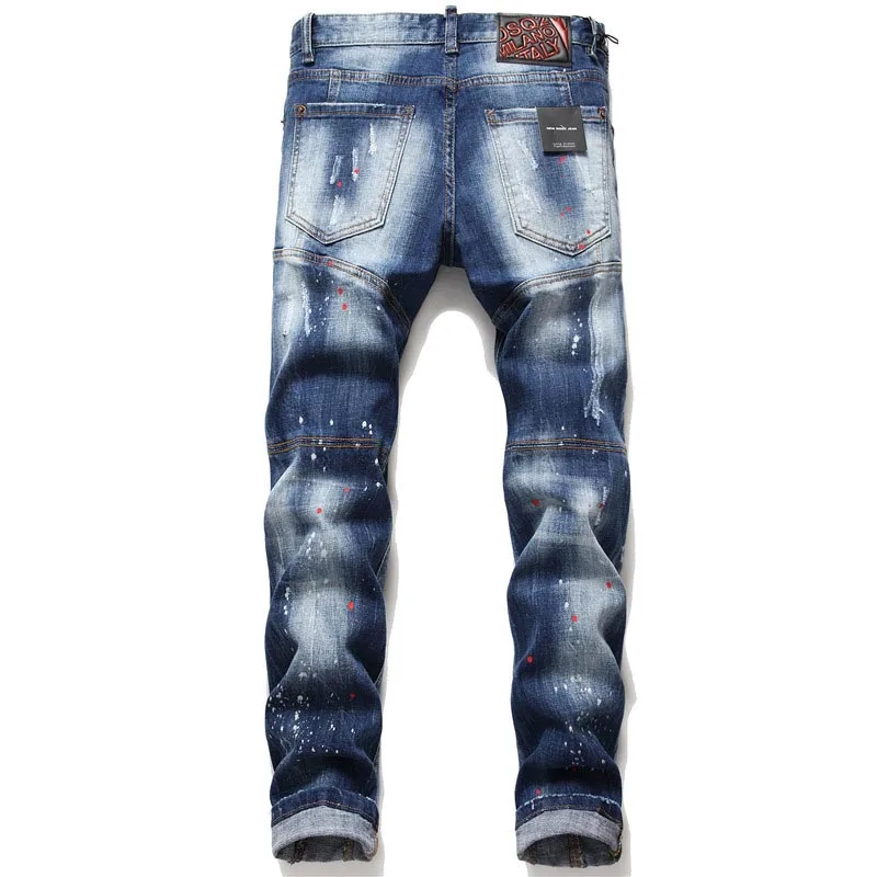 KIOVNO Mens Ripped Holes Denim Trousers Painted Patchwork Stretch  Jeans Pants For Male Straight  (5)