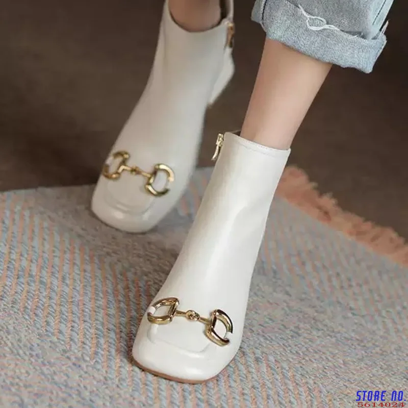 

2021 New Genuine Leather Punk Squre Toe Thick Heels Pumps for Women Working Basic Shoes Woman Metal Decoration Women Ankle Boots