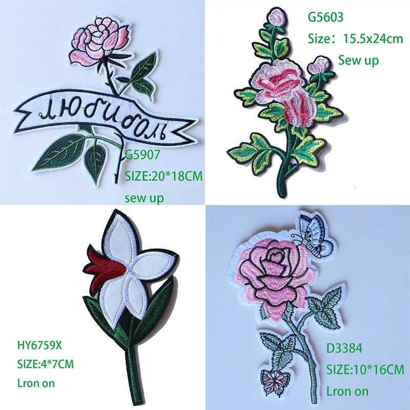 

Rosa Rose Edelweiss Tape Embroidered Iron on Patches for Clothing DIY Stripes Clothes Patchwork Sticker Custom Flowers Badges