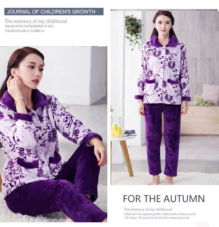 Inter теплая фланелевая одежда для Для женщин Пижамные комплекты из плотного бархата кораллового цвета пижама с длинными рукавами Пижамный комплект для Для женщин Пижама домашняя одежда