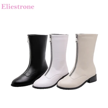 

Brand New Sweet Black Beige Women Mid Calf Riding Boots Hot Chunky Heels Lady Shoes BB015 Plus Big Small Size 10 32 43 46