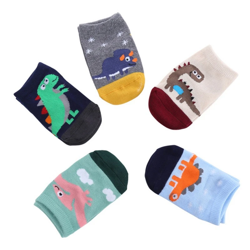 1Pair Socks Set Short Tube Baby Non-Slip Floor Sock Cute Cartoon Dinosaur Breathable Sweat(Different Colors 5 Pairs One Pack
