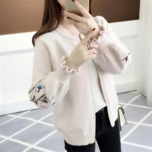 pink khaki Neploe, тонкий кардиган, свитер, новинка, Mujer, пальто, женский кардиган, вышивка, цветочный рисунок, длинный рукав, вязаный кардиган, Feminino, топы, 45444 - Цвет: pink khaki