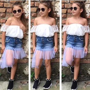 

1-7Years Summer Baby clothes Girl Cotton Cute Suit Off-the-shoulder top+fashionable tulle denim skirt 2-piece suit baby clothes