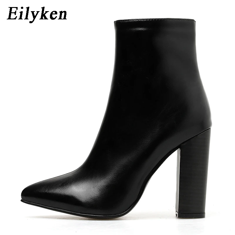 Black Eilyken/женские ботинки из искусственной кожи; зимние ботинки с острым носком на высоком каблуке; модные мотоботы на молнии; цвет коричневый; размеры 41, 42 - Цвет: Black