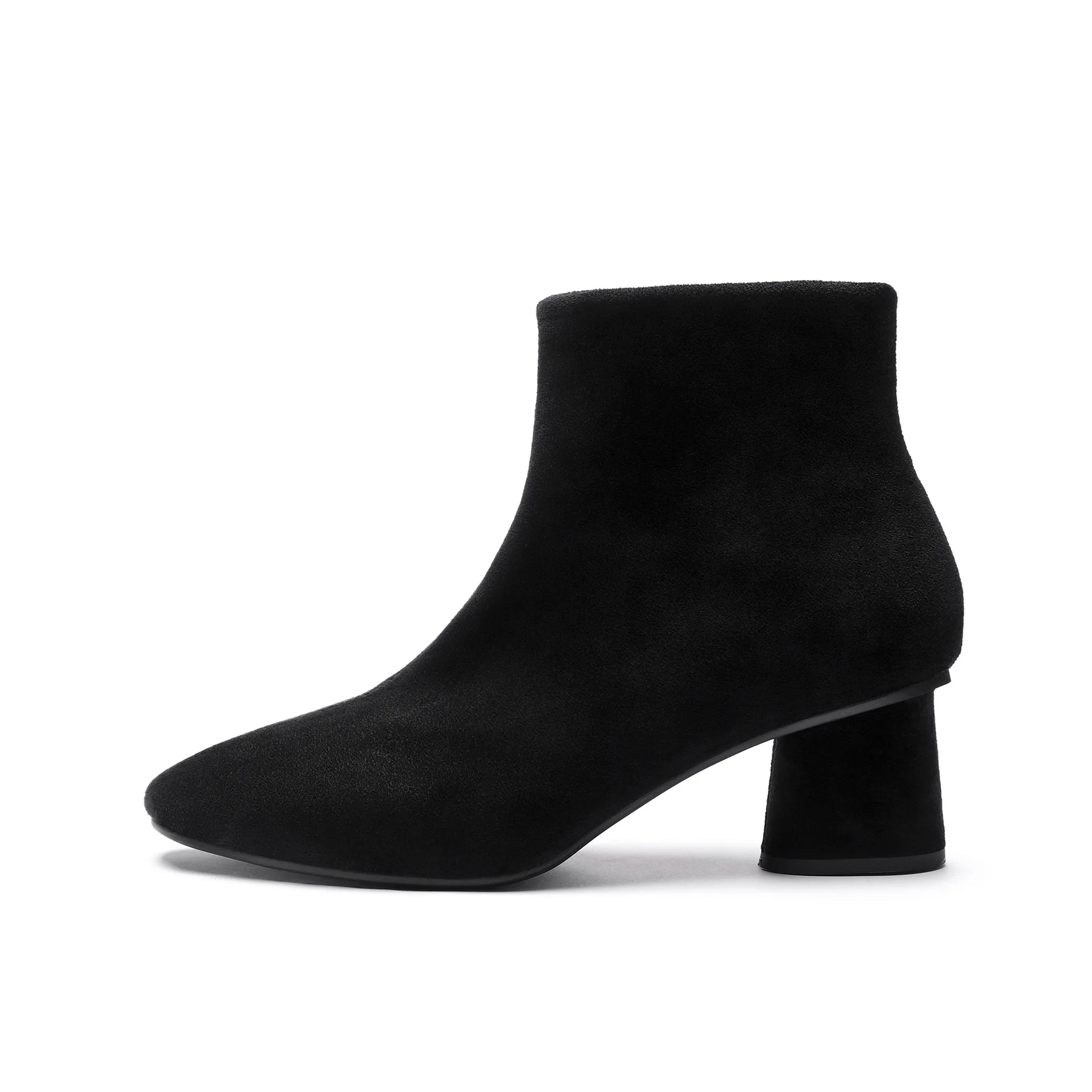 Женские ботинки; черные однотонные ботинки из флока с острым носком на высоком квадратном каблуке; женские ботильоны на молнии и резиновой подошве; короткие ботинки в стиле панк - Цвет: black1