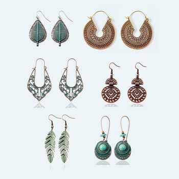 

6Pairs/lot 2020 Earrings Set For Women Totems Leaves Vinatge Earings Dangle 2019 Metal Fashion Statement Earring Jewelry Suit