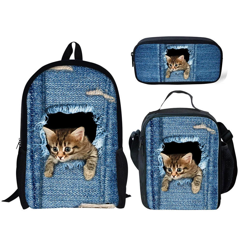 

New Style Three-piece Set Hot Sales Backpack Cute Cowboy Cat Primary School STUDENT'S Travel Meal Pencil Case Combination