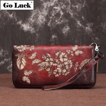 

GO-LUCK Brand Genuine Leather Wristlet Zipper Clutch Wallet Women Cell Phone Pouch Cardholder Card Case Women's Purse Floral