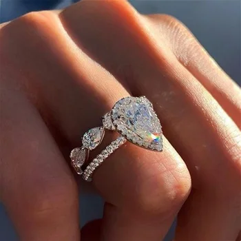 

Huitan Delicate AAA Pear Crystal Zircon Women Wedding Bridal Set Rings Proposal Ring for Girlfriend Fancy Gift Fashion Jewelry