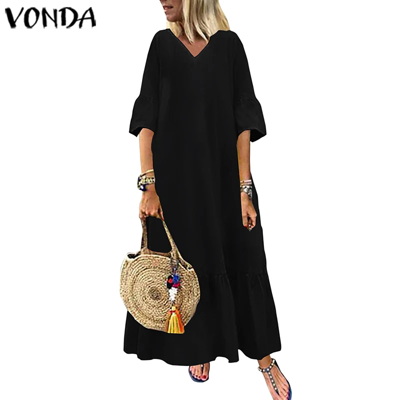 VONDA, женское осеннее длинное платье макси, модные женские туники с расклешенными рукавами, платье-рубашка, вечерние платья размера плюс, женское платье - Цвет: Черный