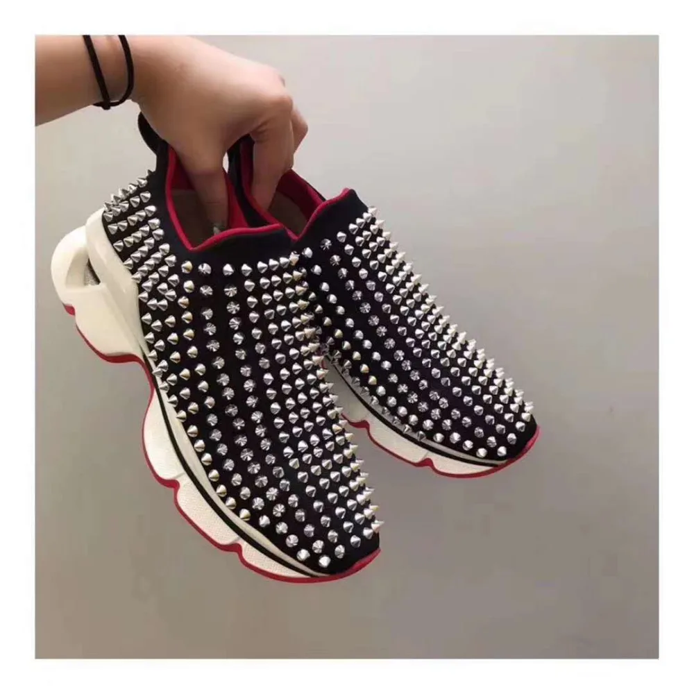 

2019 leather Red bottom Low Cut Sneaker Men Sports shoes Red Cowhide Rivet casual couple models Flat Loafers