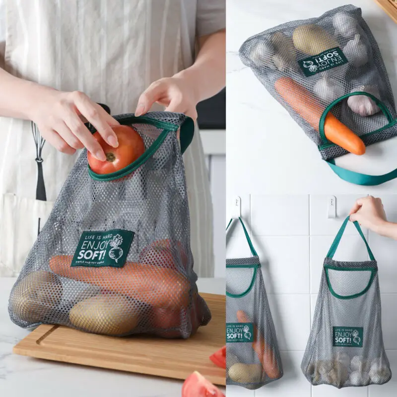 Fruit, vegetable, scallion and ginger in kitchen bag Simple reusable mesh kitchen storage bag Kitchen Storage Bag