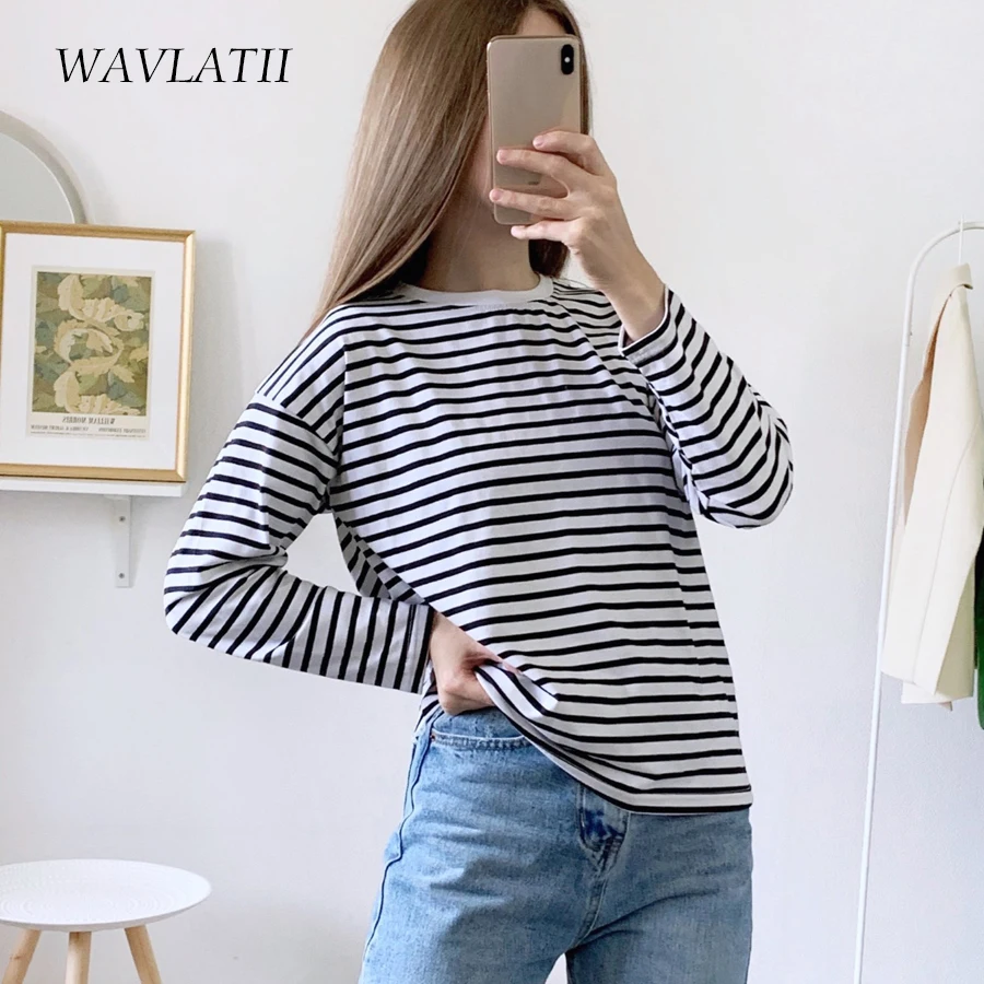 WAVLATII 2021 New Women Striped Long Sleeve T-shirts Female Streetwear Autumn Spring Cotton Tees Tops WLT2110