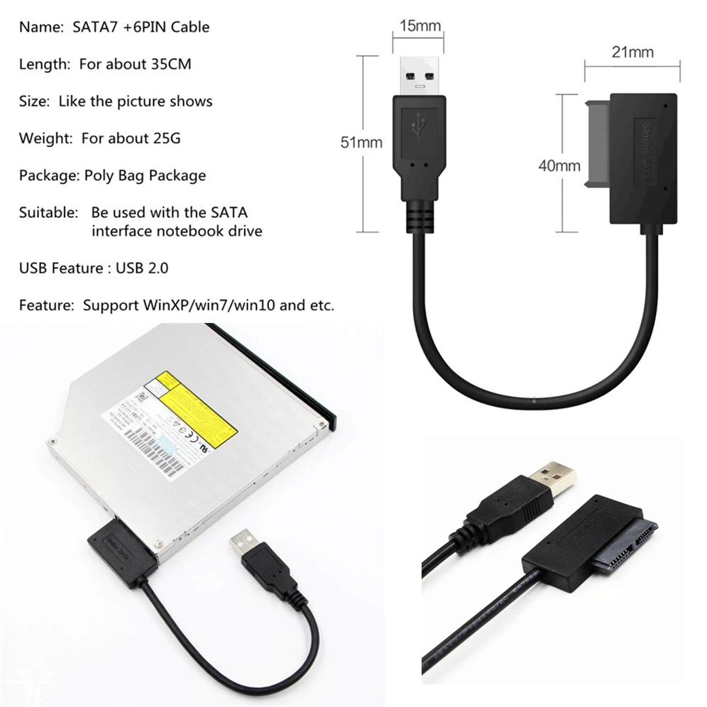 Grwibeou Usb 2.0 para Mini Sata ii Mais 13pin Adaptador de Cabo Conversor para Laptop cd Dvd Rom Slimline Conversor de Unidade Hdd Caddy - Imagem 2