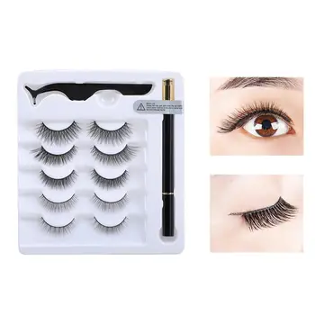 

False Eyelashes And Eyeliner Kit- No Glue Non Magnetic 3 Pairs Waterproof Reusable Eyelashes With Sticky Liquid Eyeliner Mascara