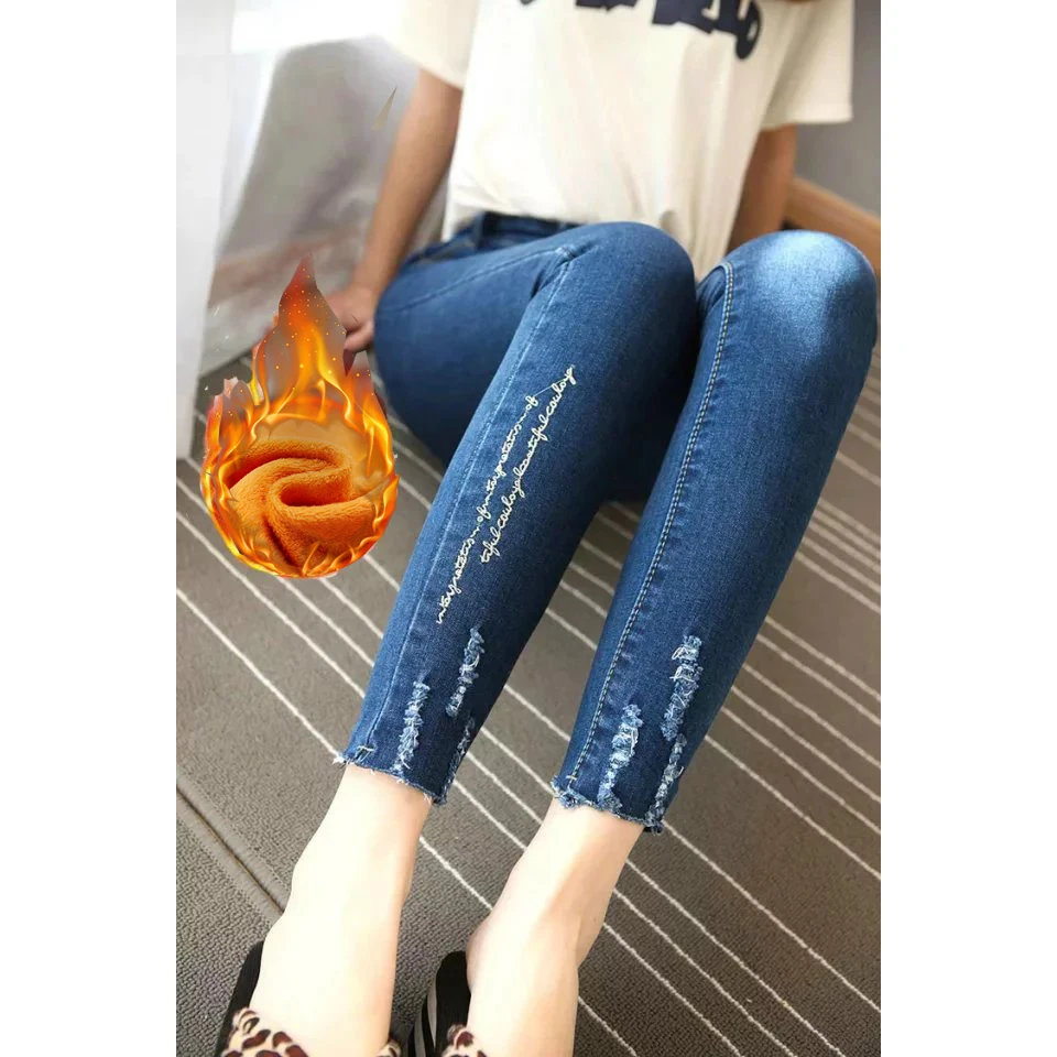 

Korean Embroidery Jeans Women Plus Size Winter Warm Jeans Pants Blue Solid Skinny Fleeces Thick Pencil Pants Hot Denim Trousers