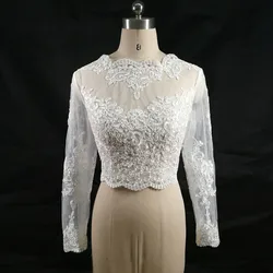 Elegant White Appliques Lace Long Sleeve Cropped Bolero Wedding Top Jacket Bridal Wraps