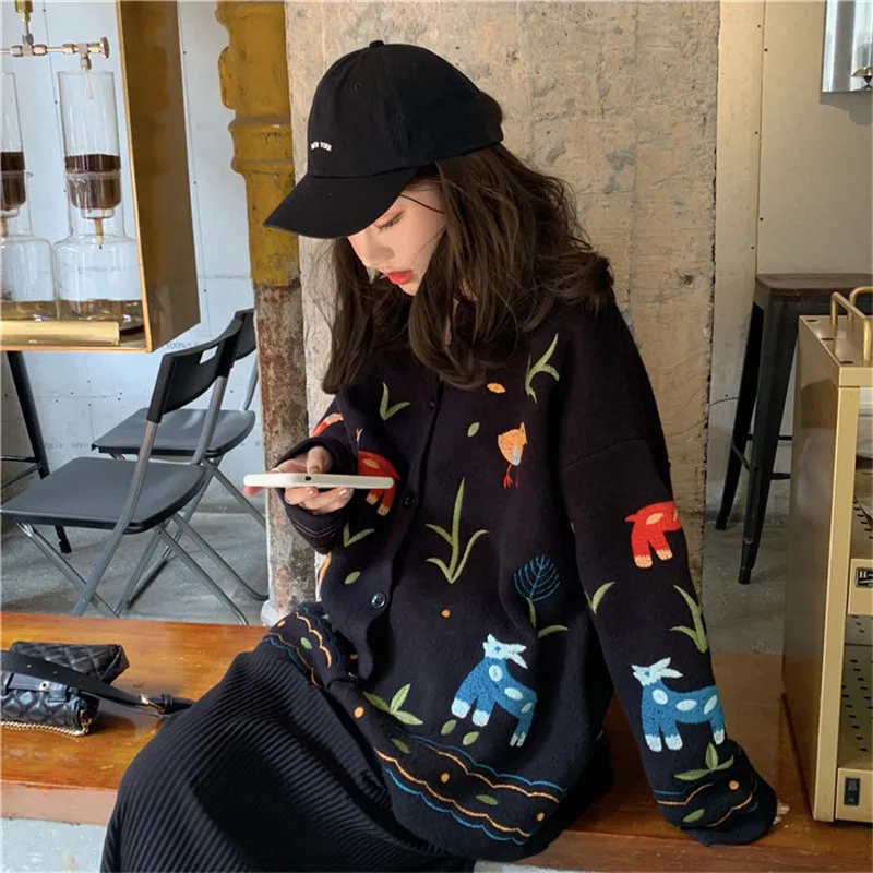 OCEANLOVE Cardigans Pritn Floral Vintage Single Breasted Women Sweaters Autumn Winter Embroidery Sueter Mujer 12900