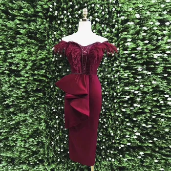 

2019 New Women Wine red Black White Feathers Beading Dress Short Sleeve Ruffles Mid Calf Vestidos Celebrity party Wholesale