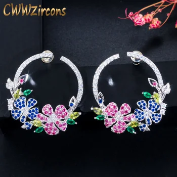

CWWZircons High Quality Multi Red Blue Cubic Zirconia Stones Beautiful Silver Flower Big Round Stud Earrings for Ladies CZ605