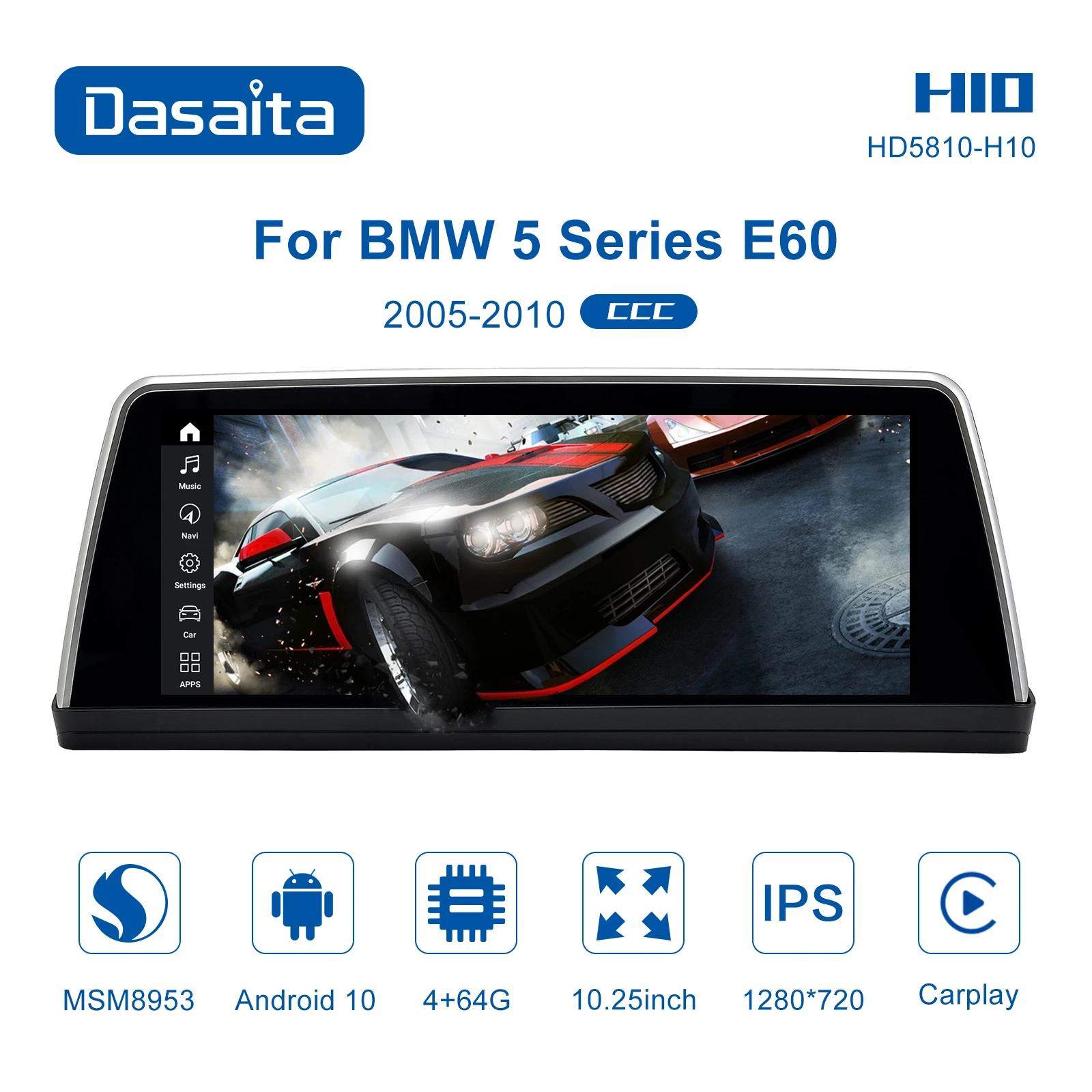 Dasaita H10 Автомагнитола для BMW 5 серии E60 2005-2010 CCC с Apple Carplay 1920*720 4 Гб 64 8 ядер GPS android 10