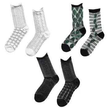 

Women AB Irregular Jacquard Crew Socks Harajuku Striped Polka Dot Leaves Transparent Crystal Fiber Summer Tube Hosiery