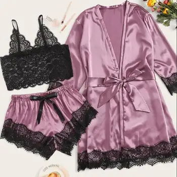 

Women Lace Satin Wireless Bra Camisole Shorts Pajamas Sleepwear Bow Robe 3PC Set