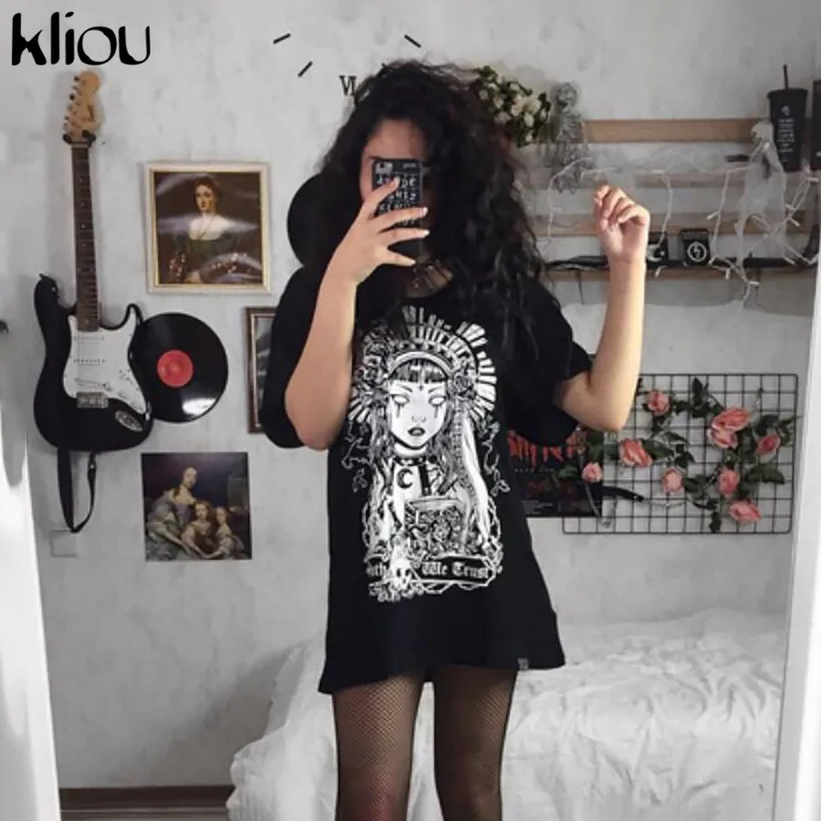 Kliou хлопковая Футболка Hipster Для женщин печати короткий рукав o-образным вырезом, модная майка с Повседневное летние женские удлинить свободная футболка, топы