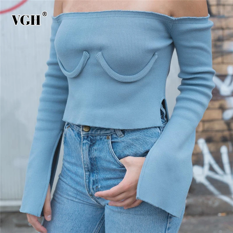 

VGH Sexy Patchwork Autumn T Shirt Women Slash Neck Off Shoulder Split Flare Sleeve Short Casual Shirts Female 2019 Fashion New
