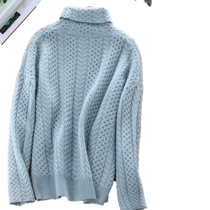 

2019 Autumn And Winter High Collar Woollen Sweater Women's Thick Cable Knitting Loose-Fit Laziness Sweater Loose-Fit Cashmere Sw