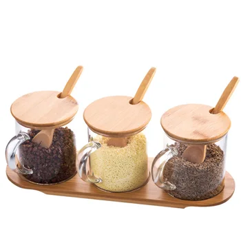 

Spice jar with spoon and handle moisture-proof seasoning box glass cruet jar jar salt sugar MSG bottle full ser